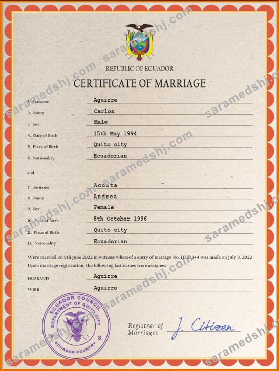 Ecuador marriage certificate PSD template